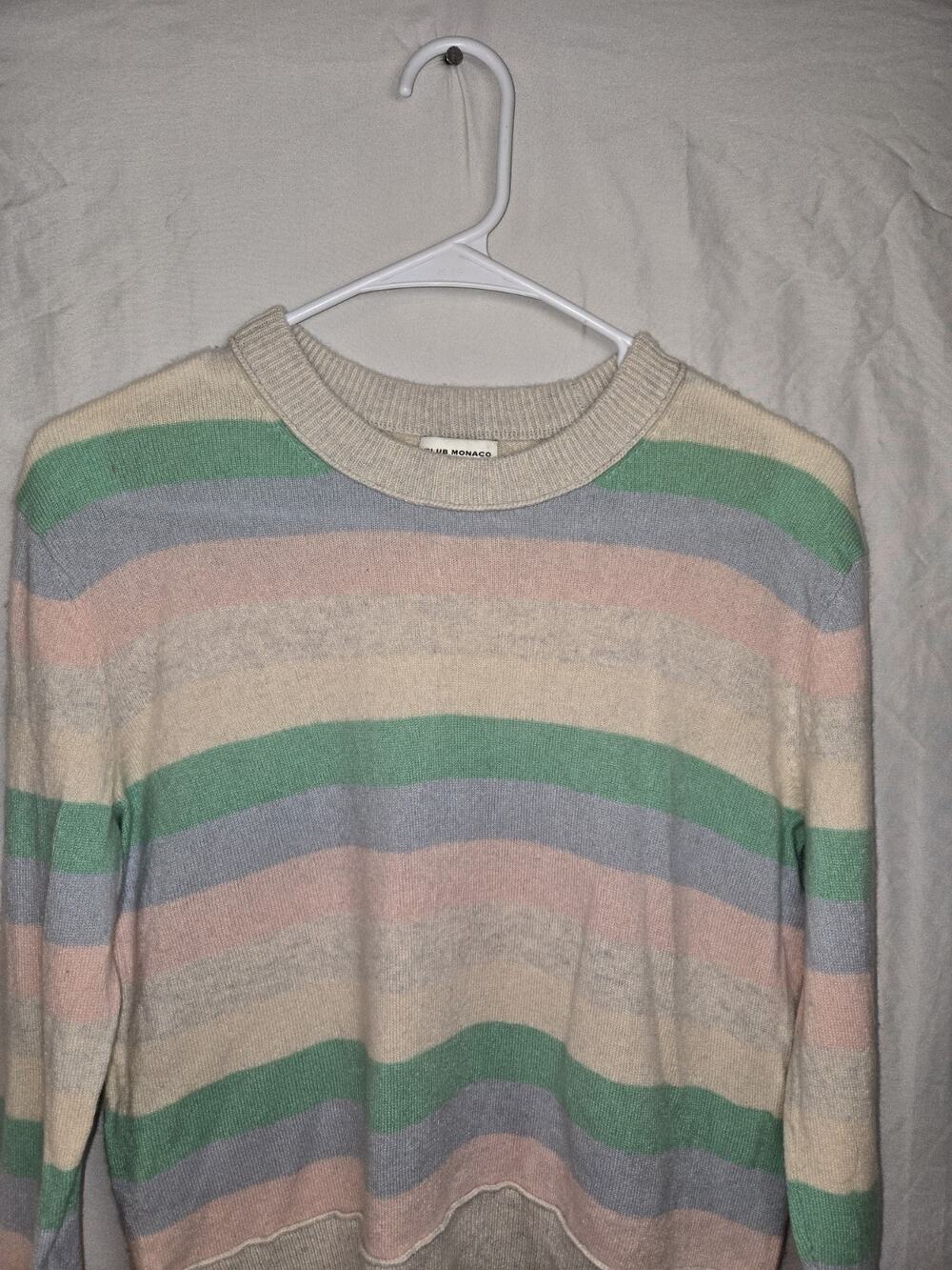 Club Monaco US Womens Size L 100% Cashmere Pastel Striped Pullover Sweater
